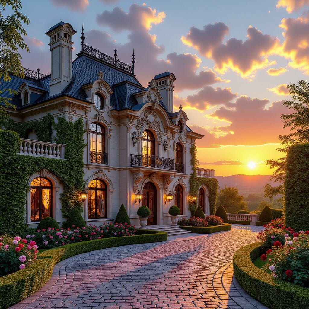 French Chateau at Sunset in Romanticism Style