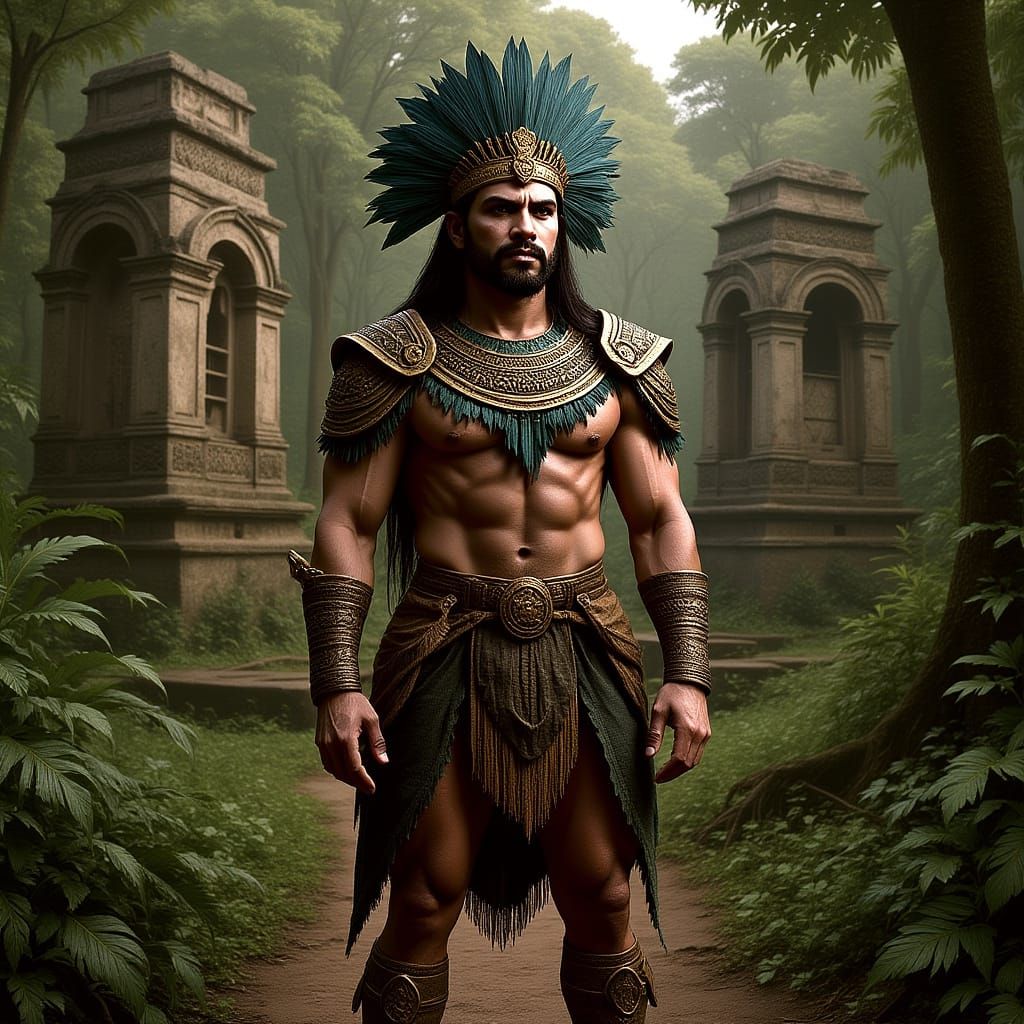 Mesoamerican Warrior in Jungle Ruins