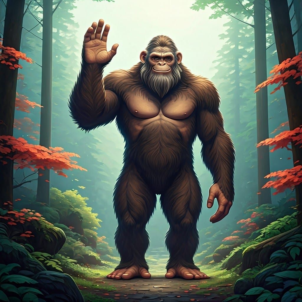 Gentle Bigfoot Waving in Misty Forest