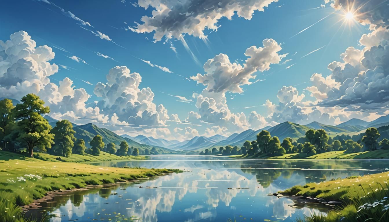 Ethereal Landscape Painting with Blue Sky and Clouds