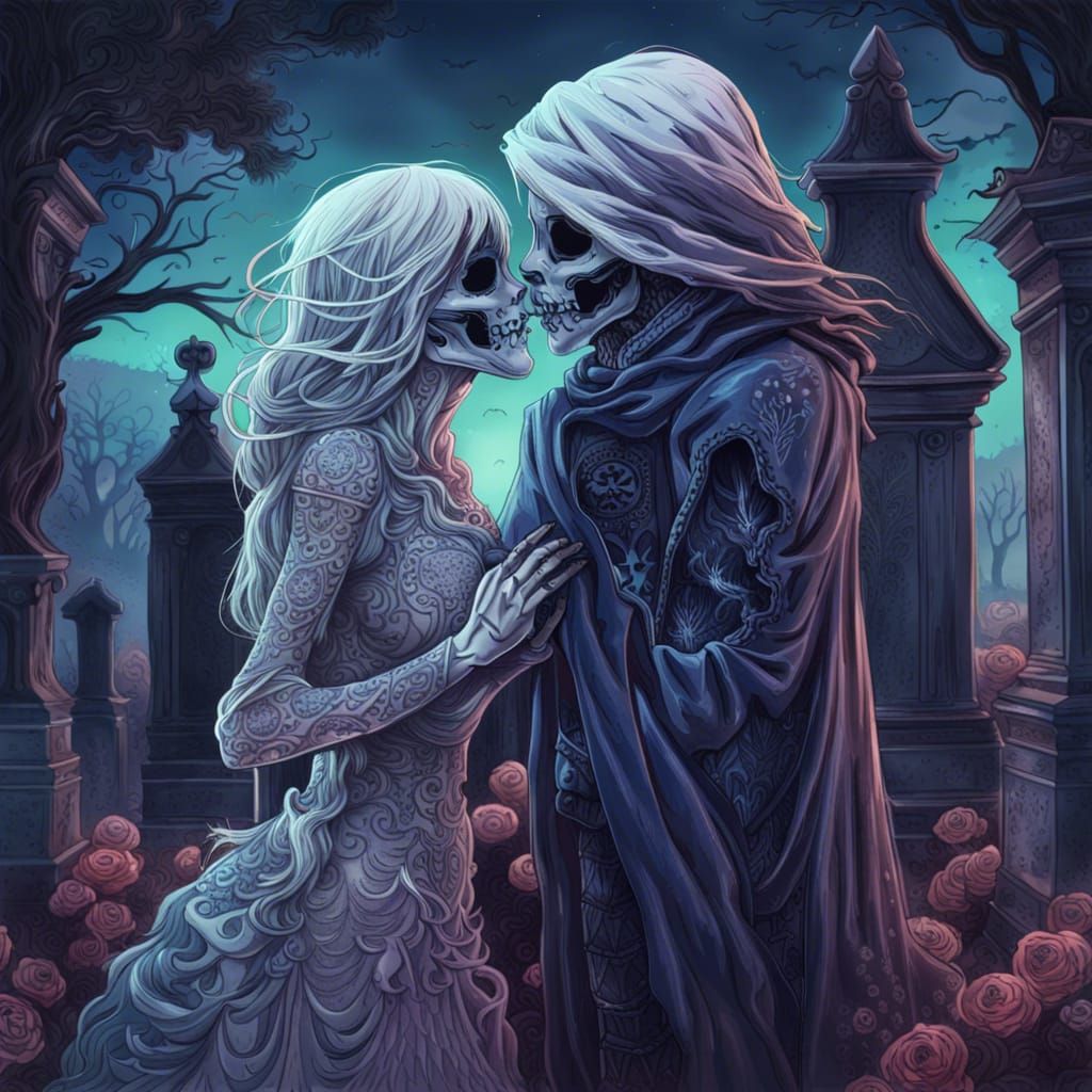 Ghost Couple's Cemetery Kiss: Anime-Inspired Digital Art