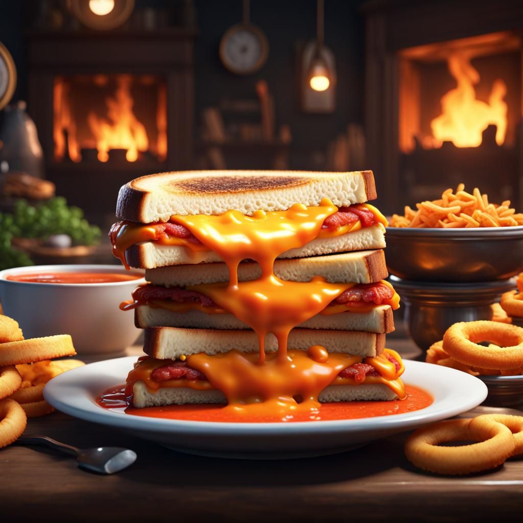Grilled Cheese, Soup, and Onion Rings Still Life