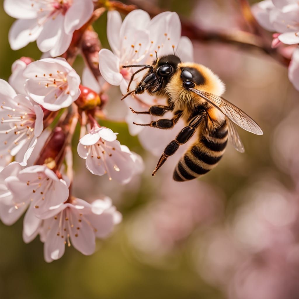 Bee Amidst Vibrant Cherry Blossoms in Hyper-Realistic Spring...