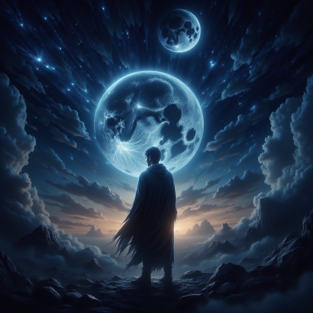 Handsome Man Under Spooky Moonlit Starry Night