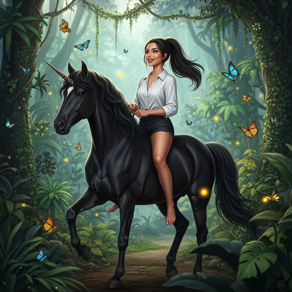 Woman Rides Unicorn Through Tropical Jungle