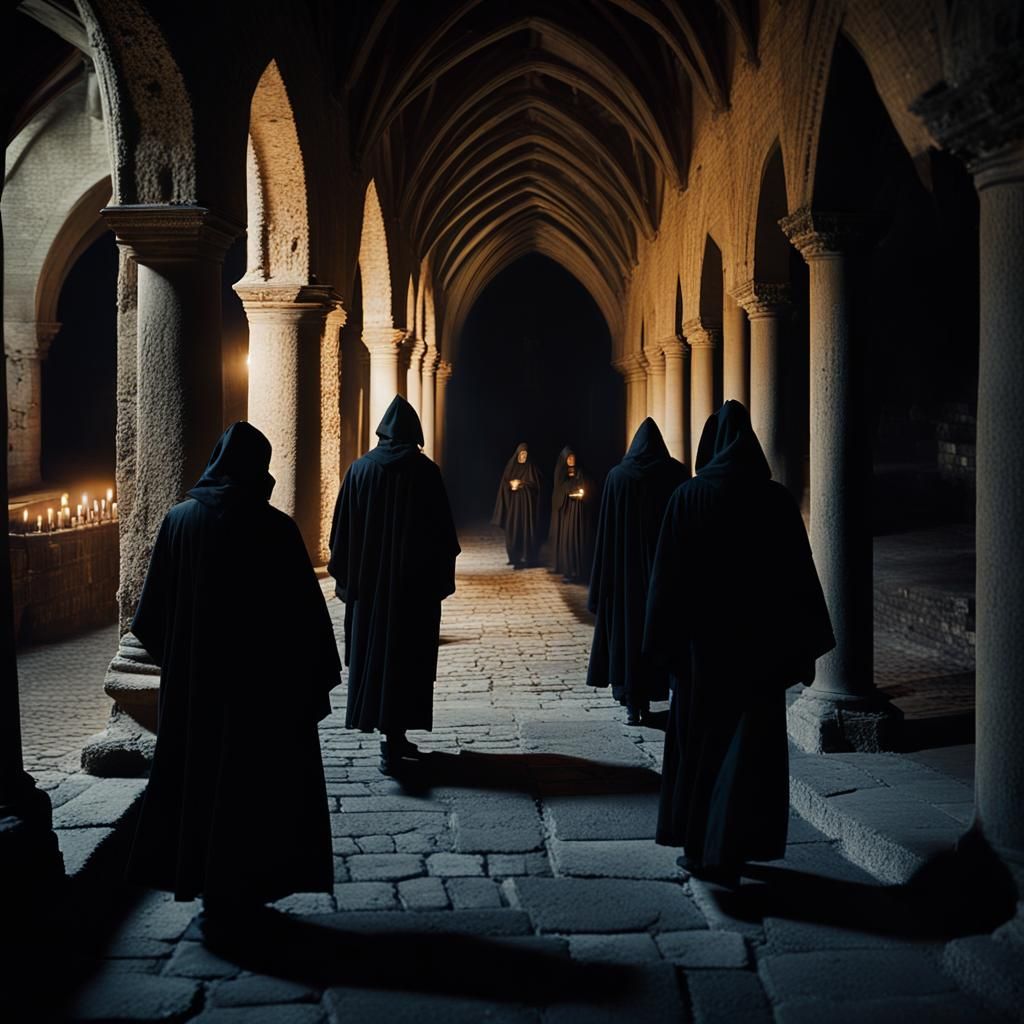 Medieval Cloister at Night: A Cinematic Film Still