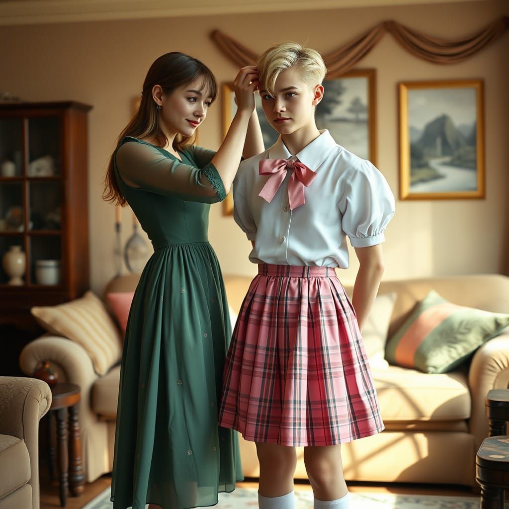 Androgynous Youth in Whimsical Schoolgirl Uniform