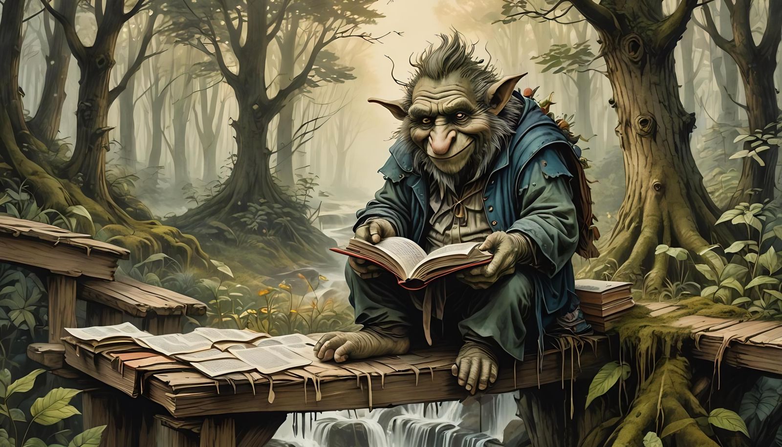 Book Troll's Fairytale Bridge Bookstore in Color Pencil Styl...