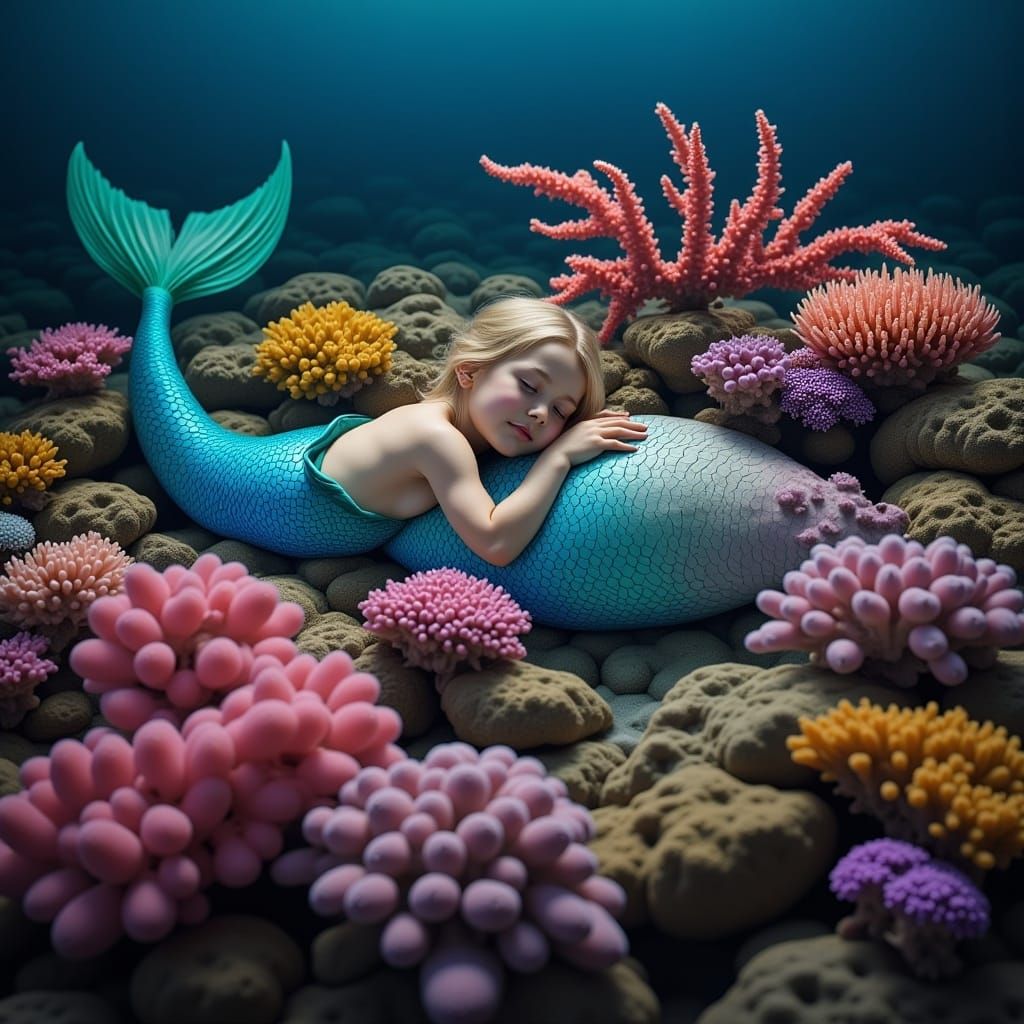 blonde Mermaid sleeping on realistic colorful coral reef <lora:PhotoCapture:1.0>
