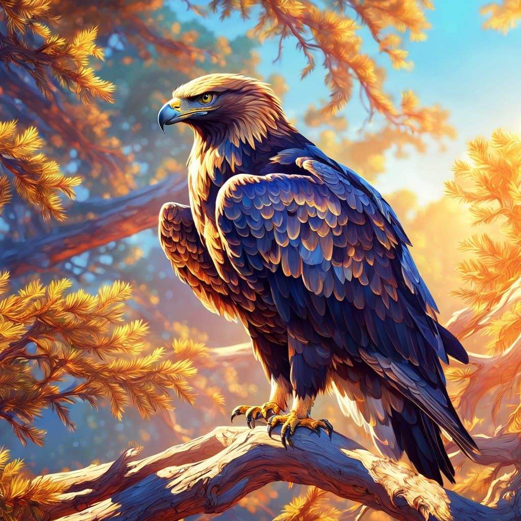 Golden Eagle Perched on Branch: Digital Art