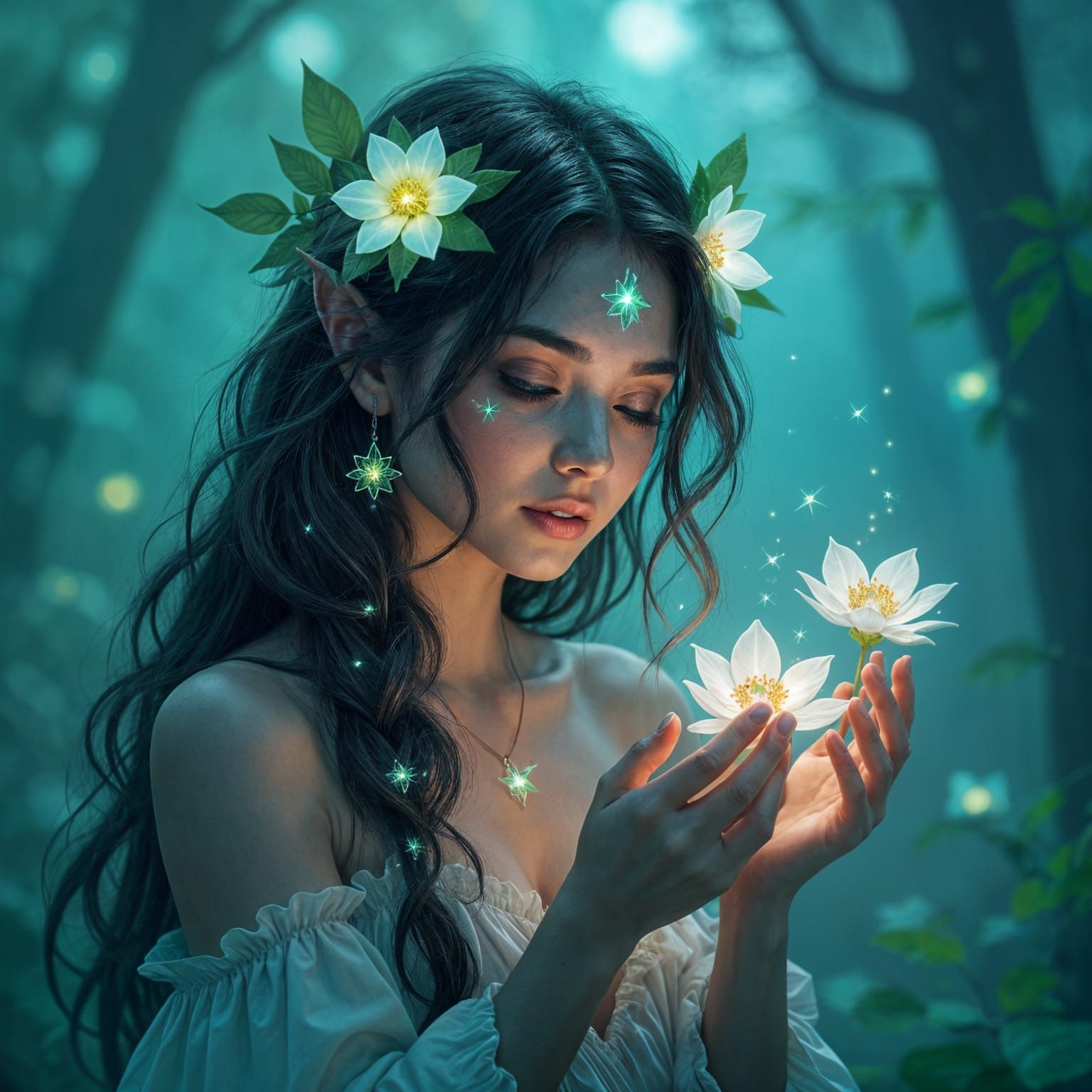 Ethereal Nymph Tends Bioluminescent Garden in Dreamy Style