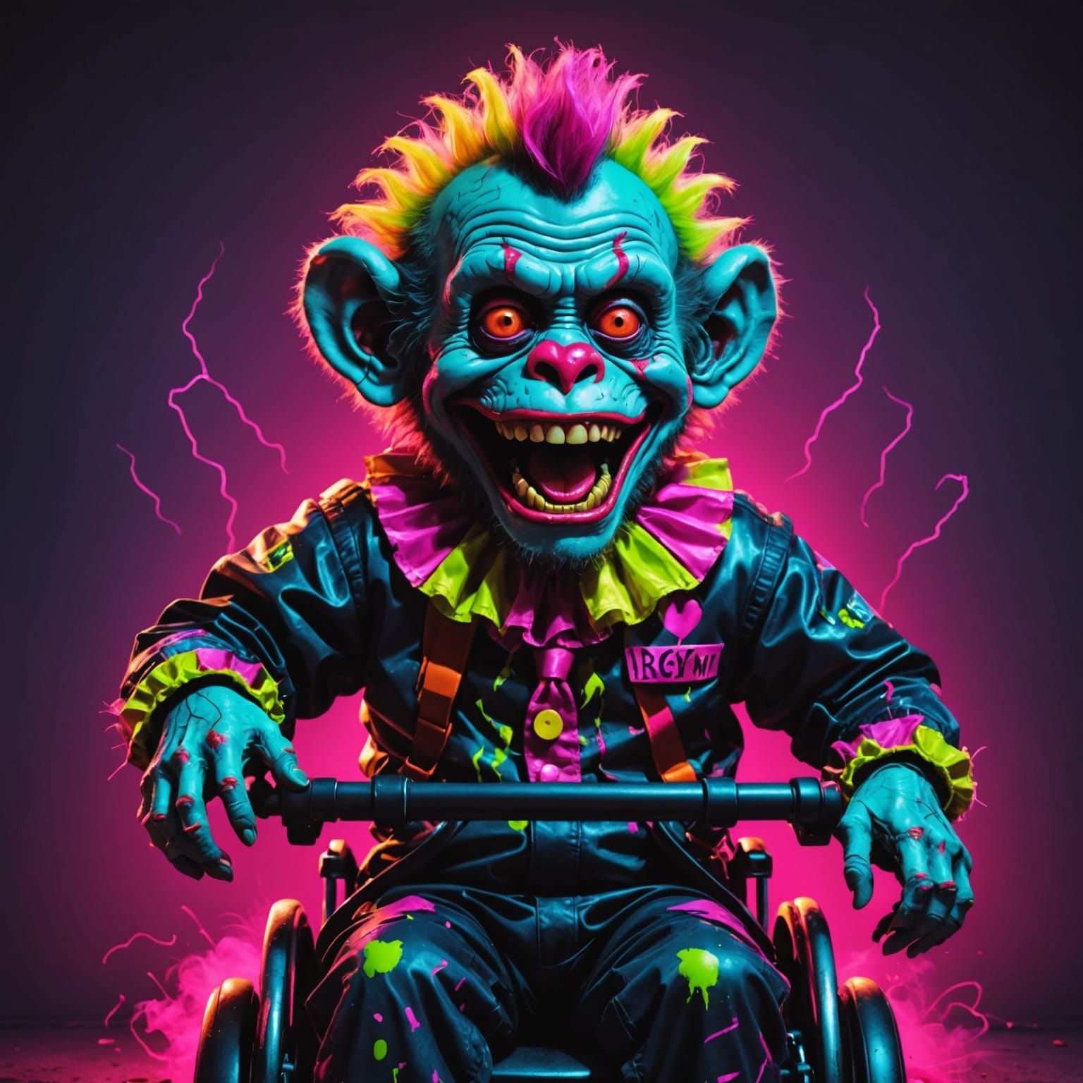Synthwave Zombie Monkey Clown Toddler in Wheelchair