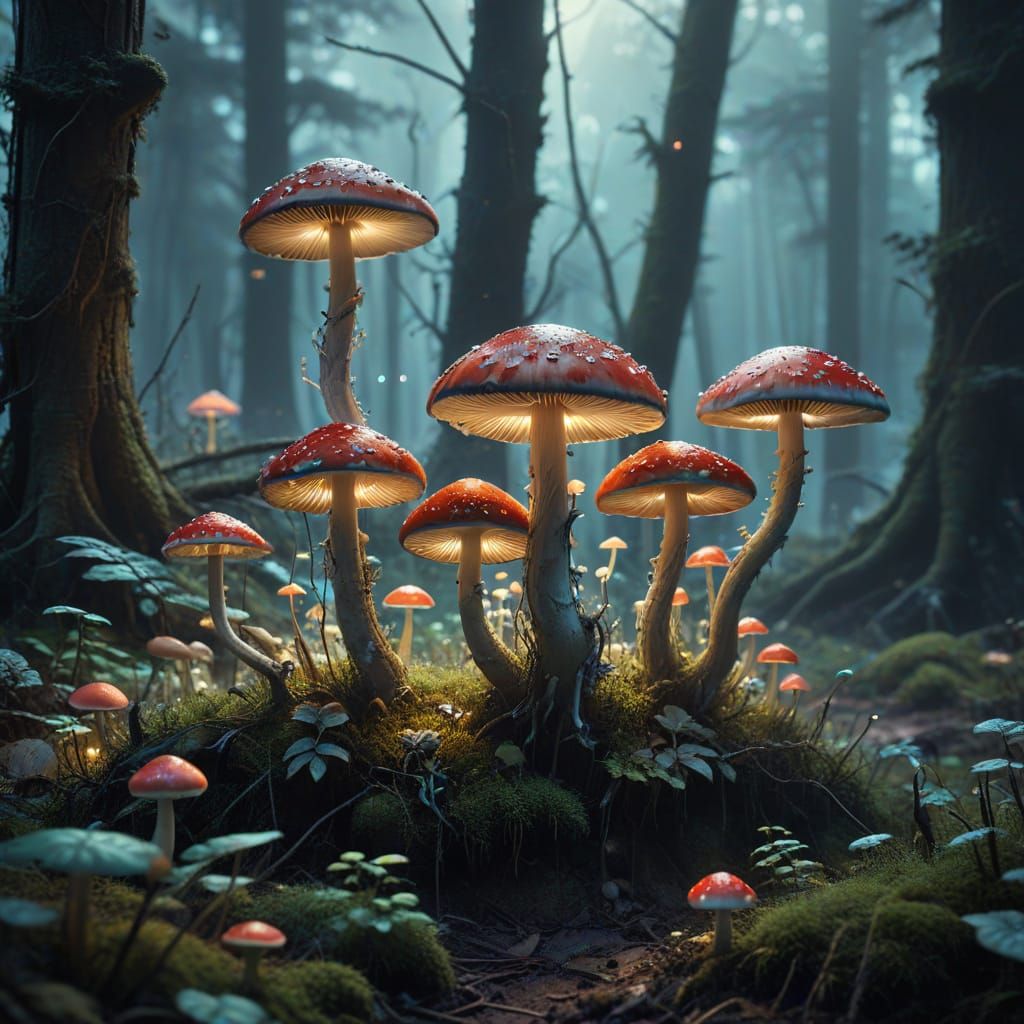 Ethereal Mushroom Grove in a Surreal Forest