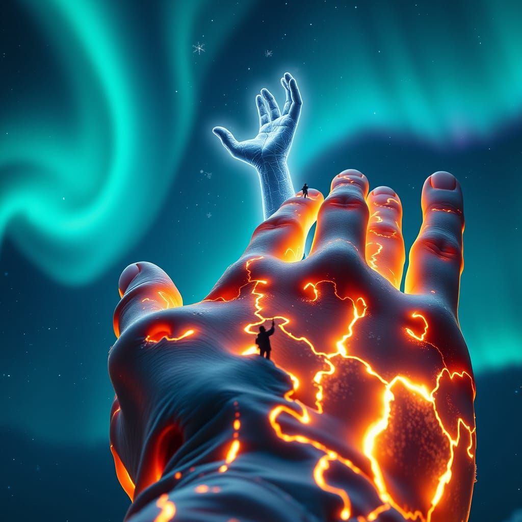 Glowing Monumental Hand Reaches for Celestial Constellation