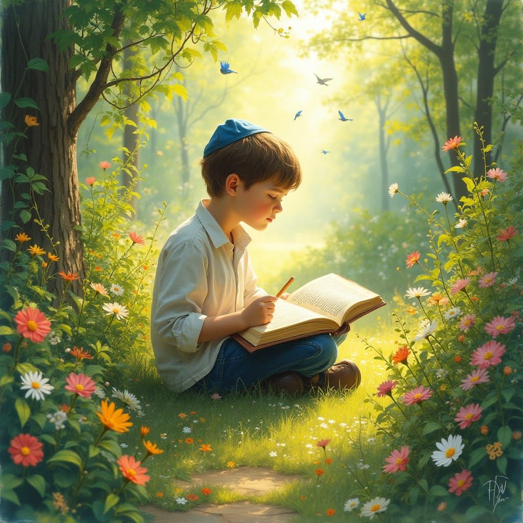 Boy Reading Talmud in a Sunny Garden