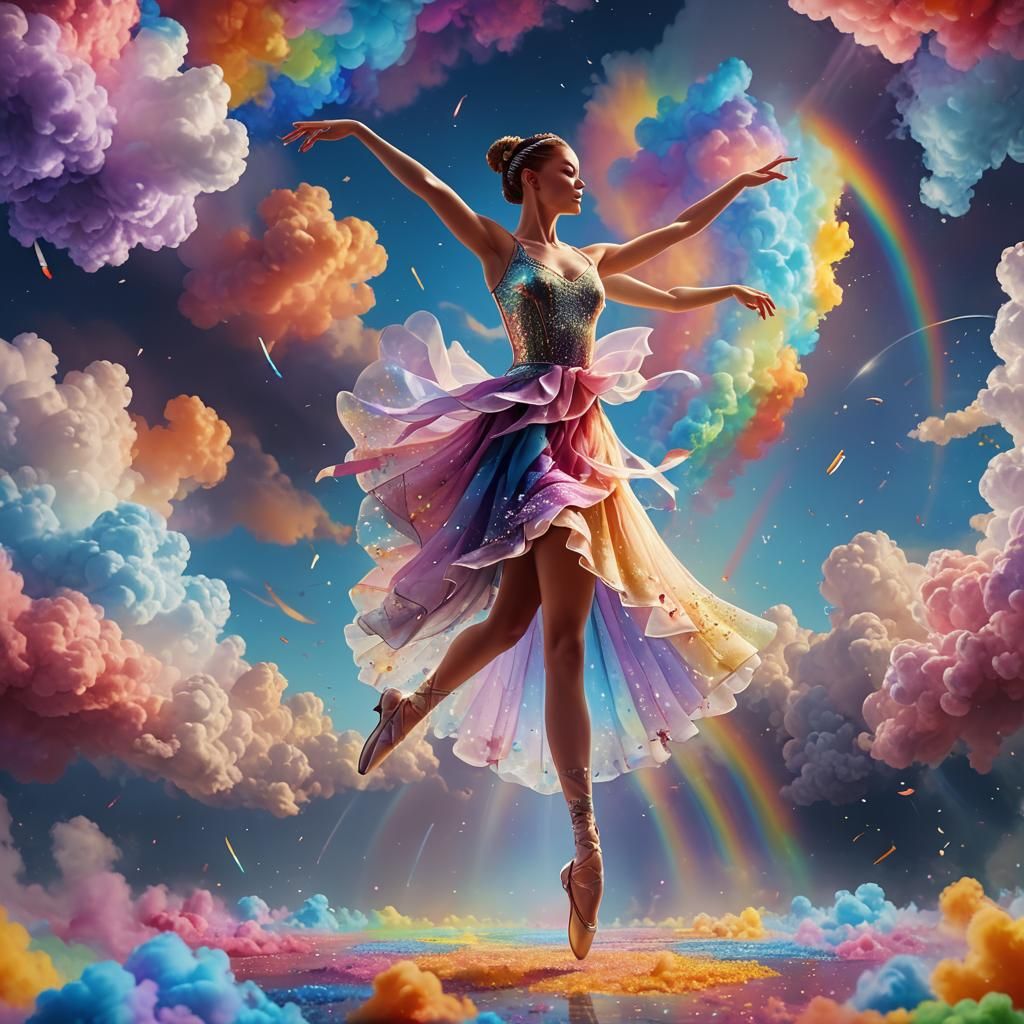 Ballerina Dancing in Rainbow Clouds: Fantasy Art