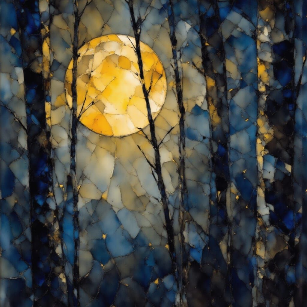 Birch Trees Under Full Moon in Klimt Style