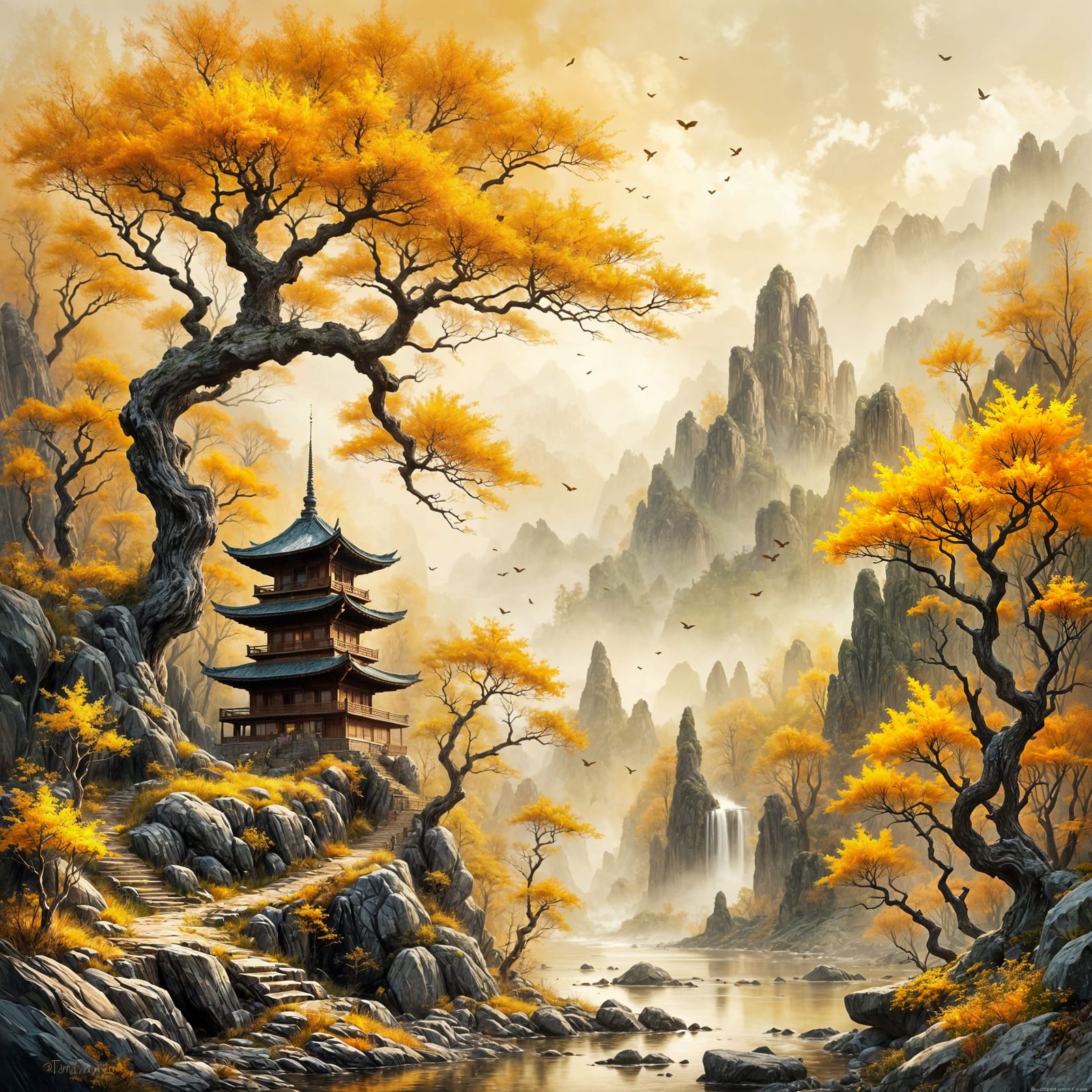 Serene Asian Pagoda Amidst Vibrant Autumn Foliage