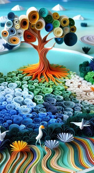 Colorful Bird Tree in Paper Diorama Sculpture