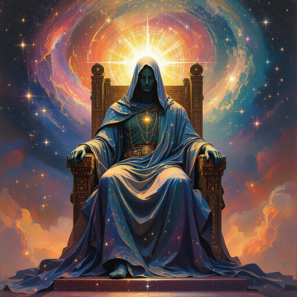 Celestial Deity Enthroned Amidst Swirling Galaxies