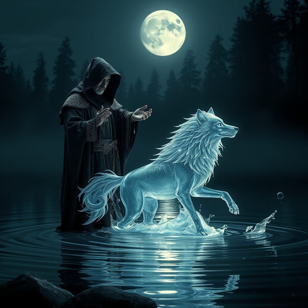 Mystical Warlock Conjures Translucent Wolf from Dark Lake