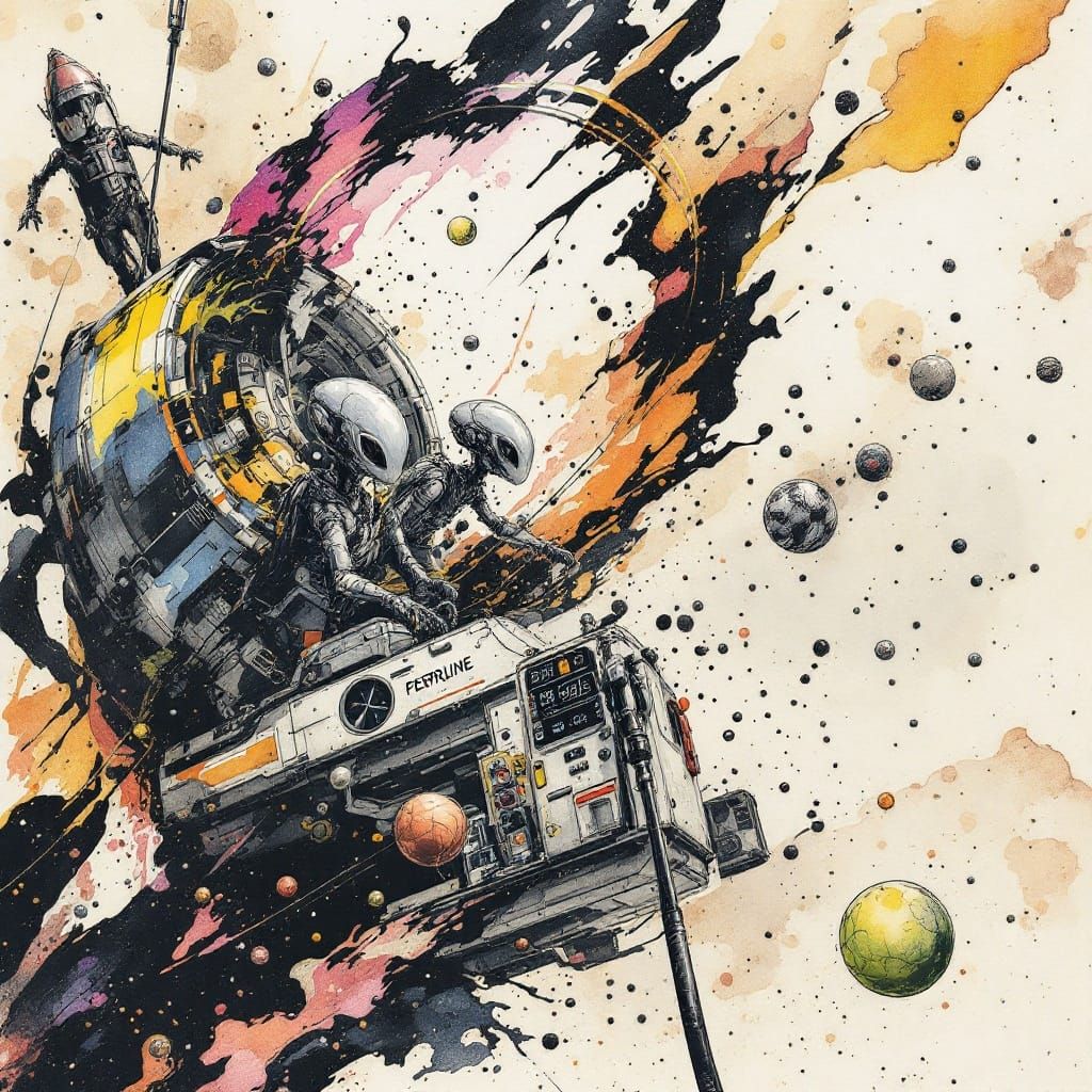 Aliens at Space Station: Ink Drawing
