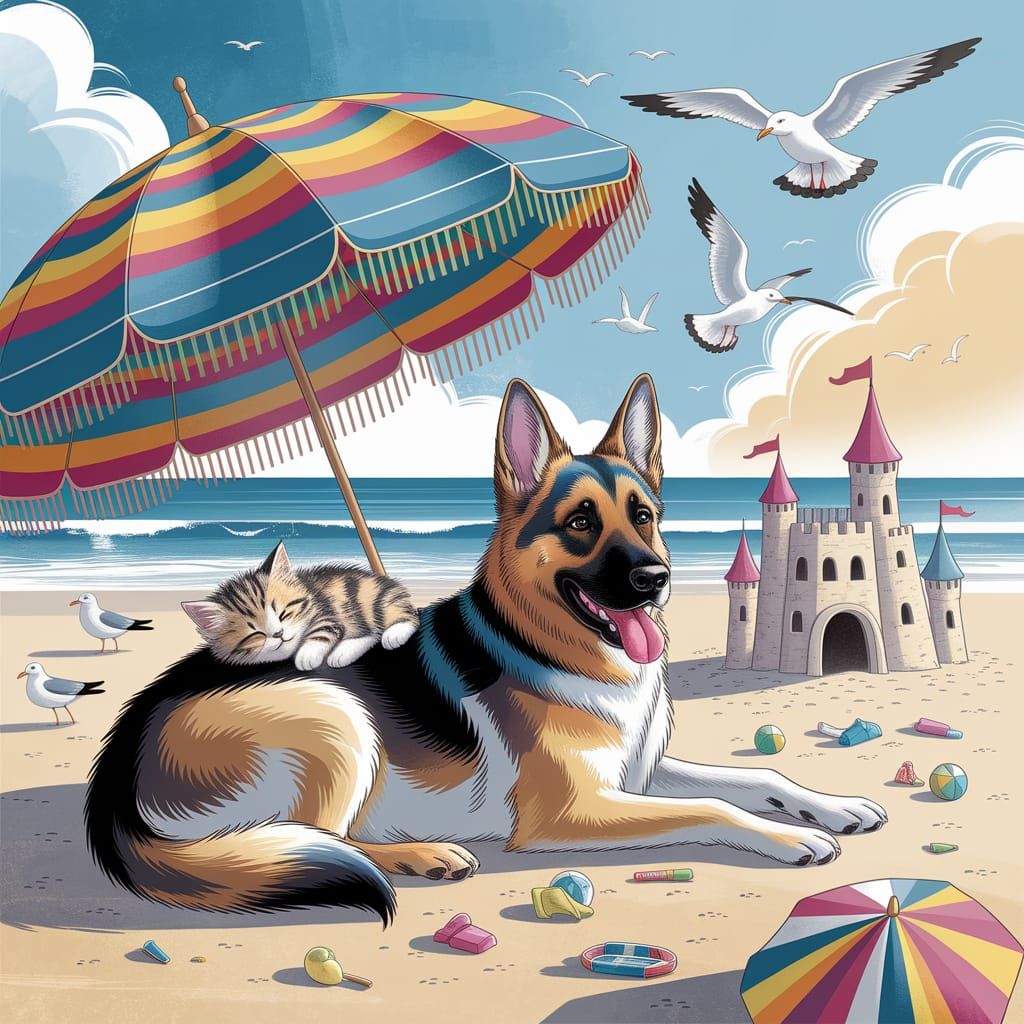 Kitten and German Shepherd's Beach Nap in Watercolour