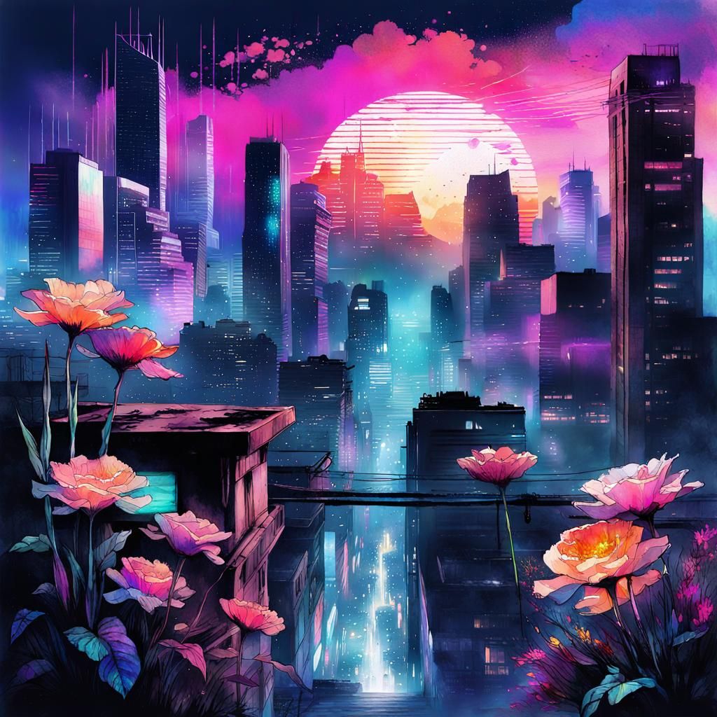 Vaporwave Cityscape with Blooming Flowers in Watercolor