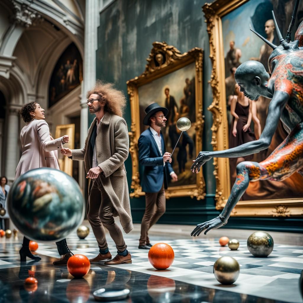 Couples Admiring Art in Museum, Hyperrealistic Photo