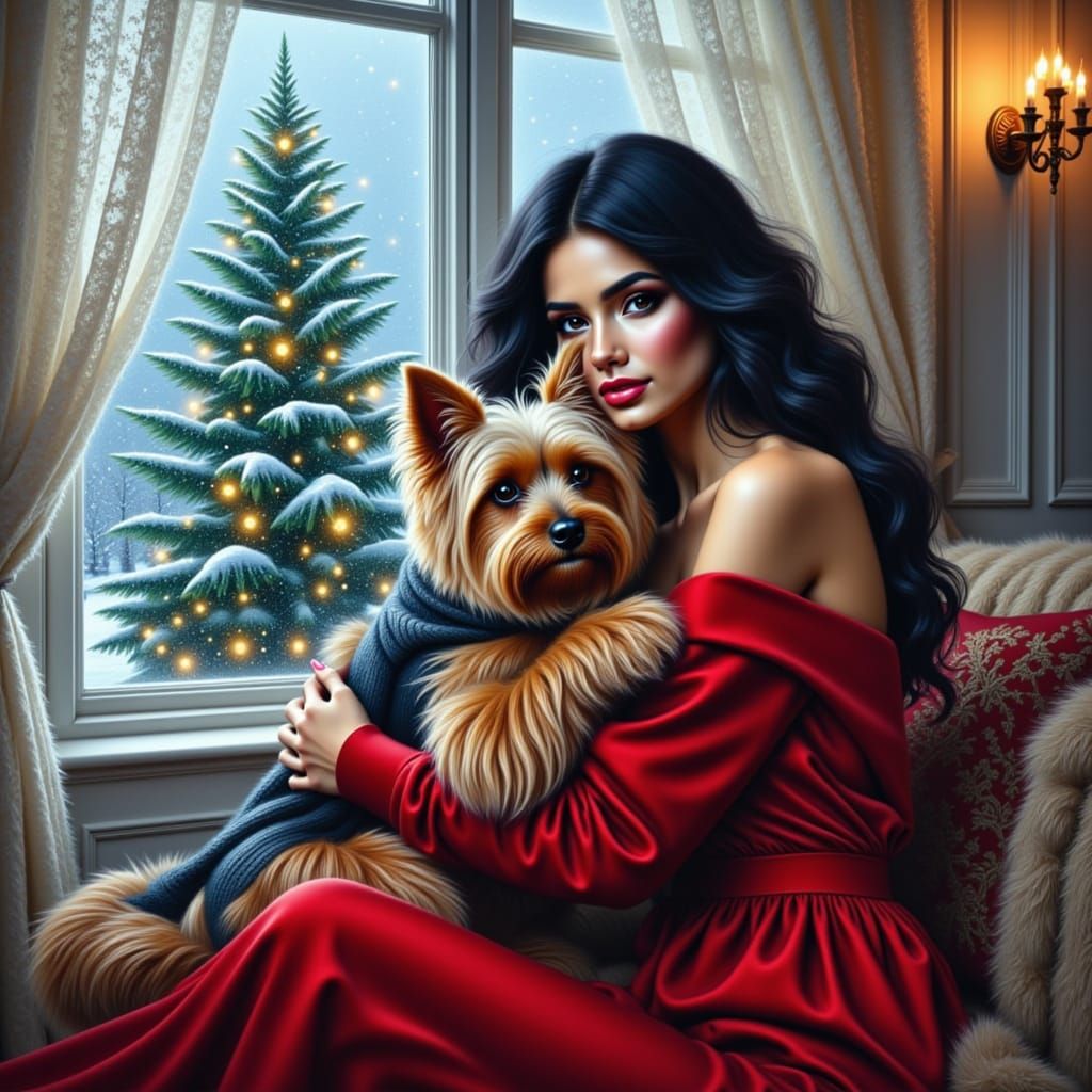 Woman and Yorkshire Terrier on Sofa, Winter Window Scene