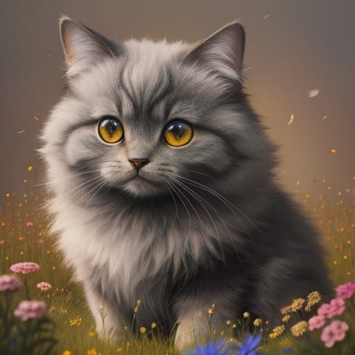 Fluffy Creature in Vibrant Flower Meadow