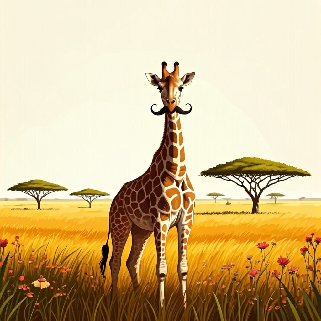 Majestic Giraffe with Dignified Moustache in Whimsical Savan...