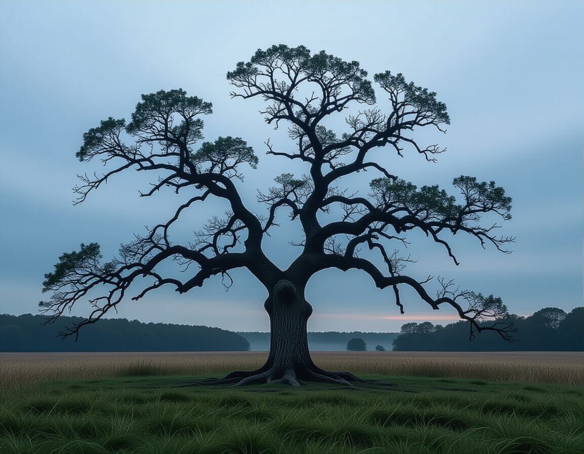 Solitary Gnarled Oak Tree at Dusk Photorealistic