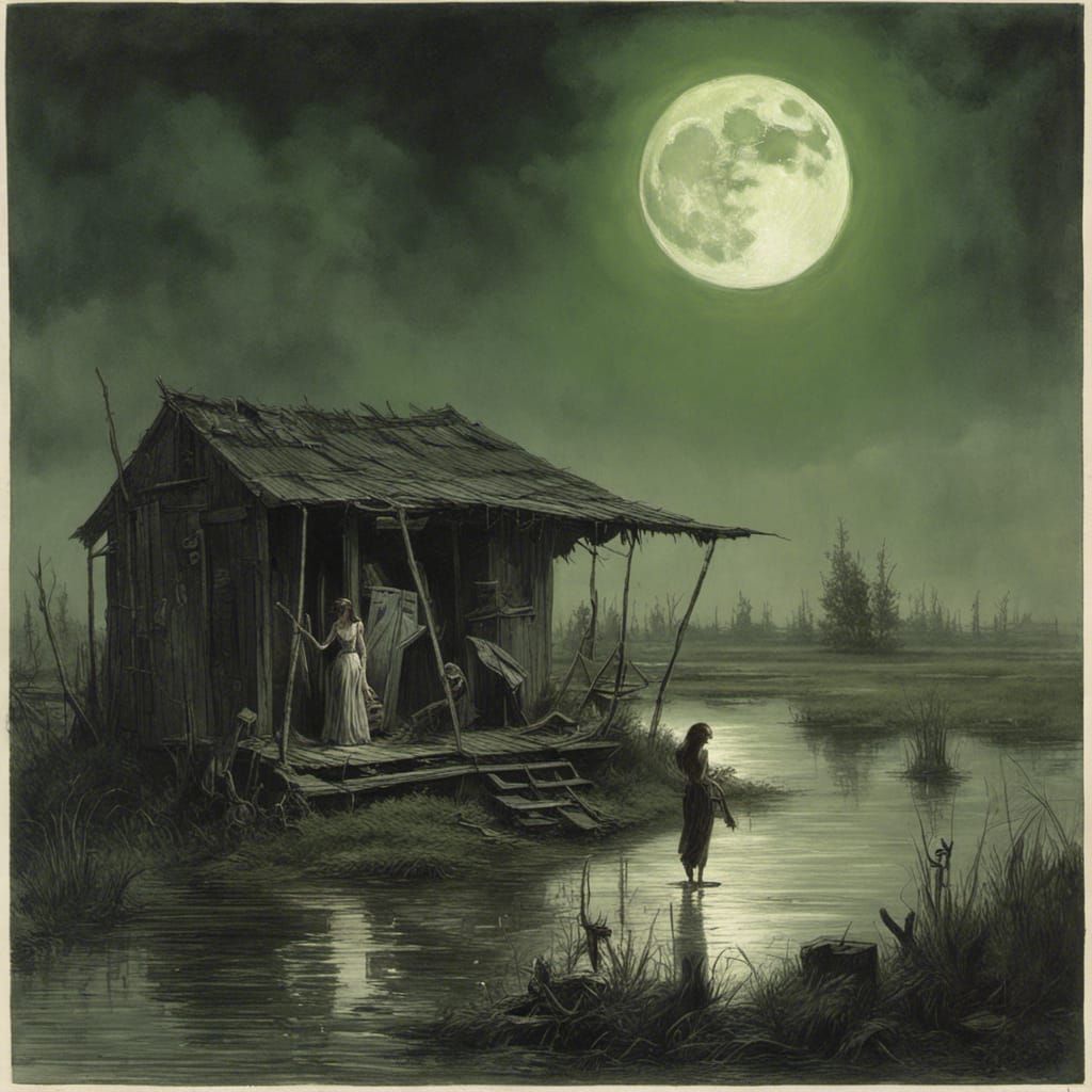 Swamp Dancer Under Moonlight: Horror Illustration