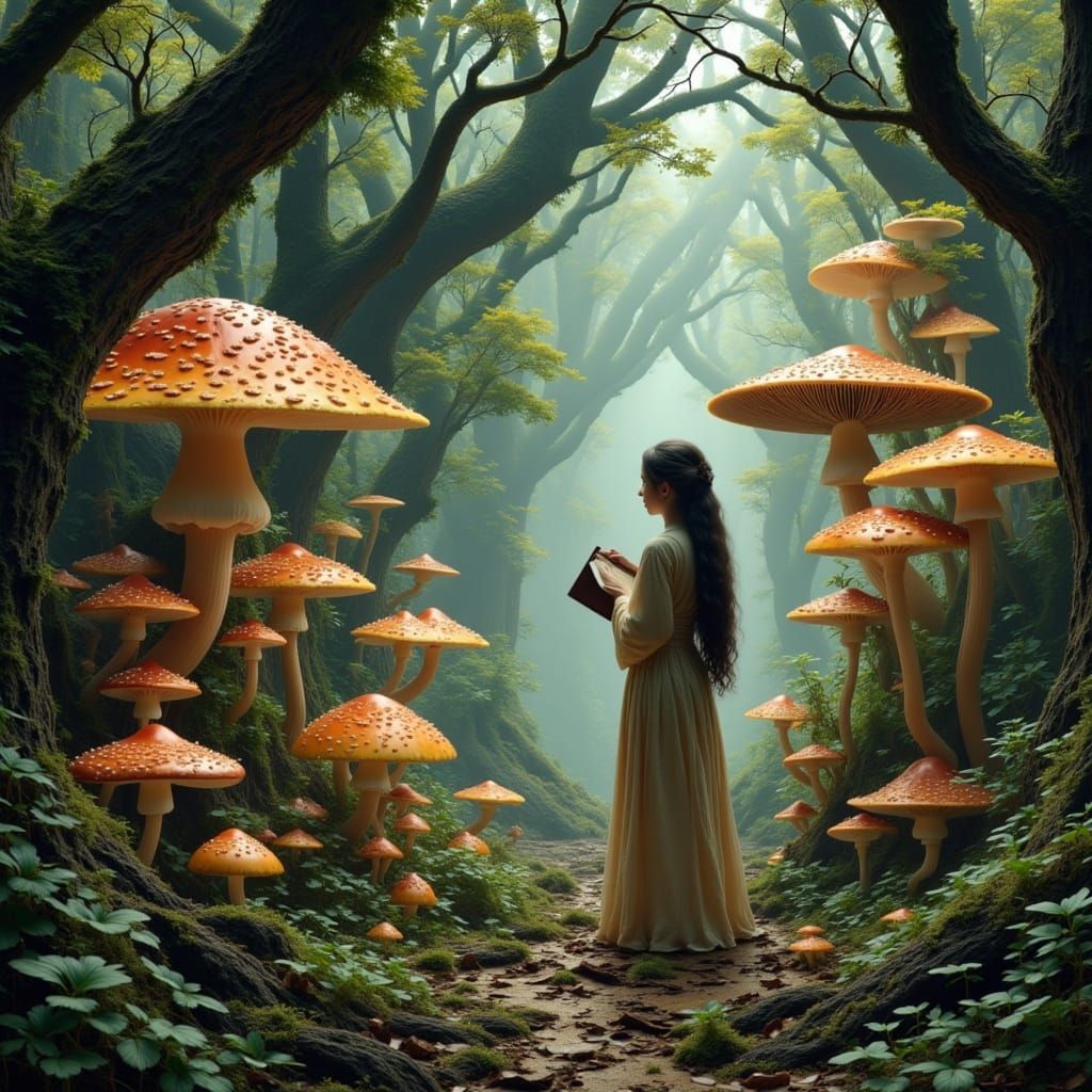 Mycology Student in Forest, Double Exposure Art Nouveau