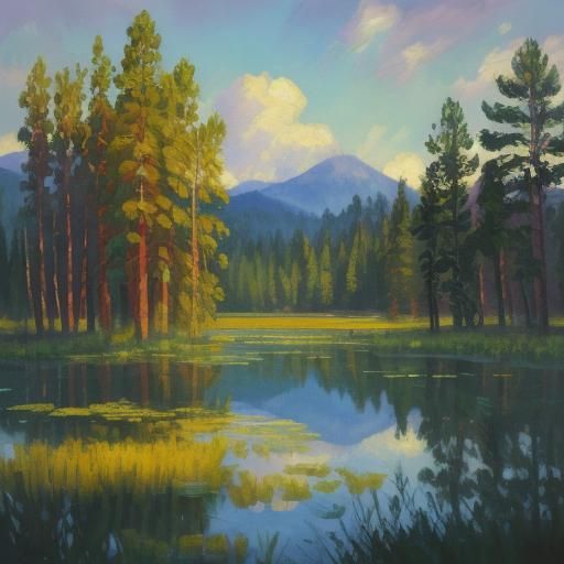 Impressionist Lake Landscape with Pine Trees