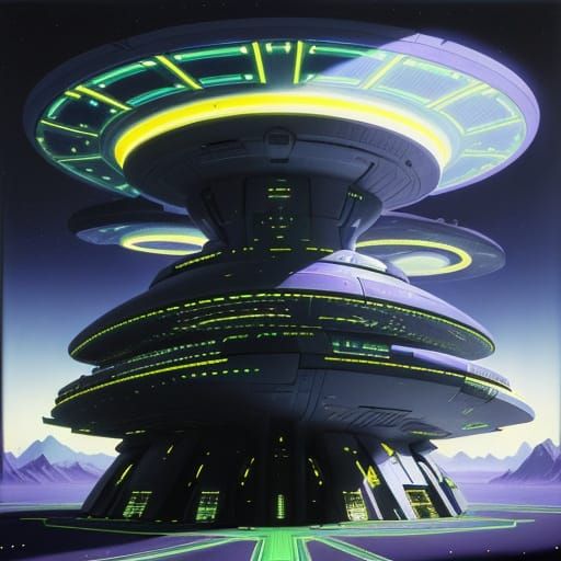 Solarspunk Castle-Starship in Orbit with Earthly Scenes