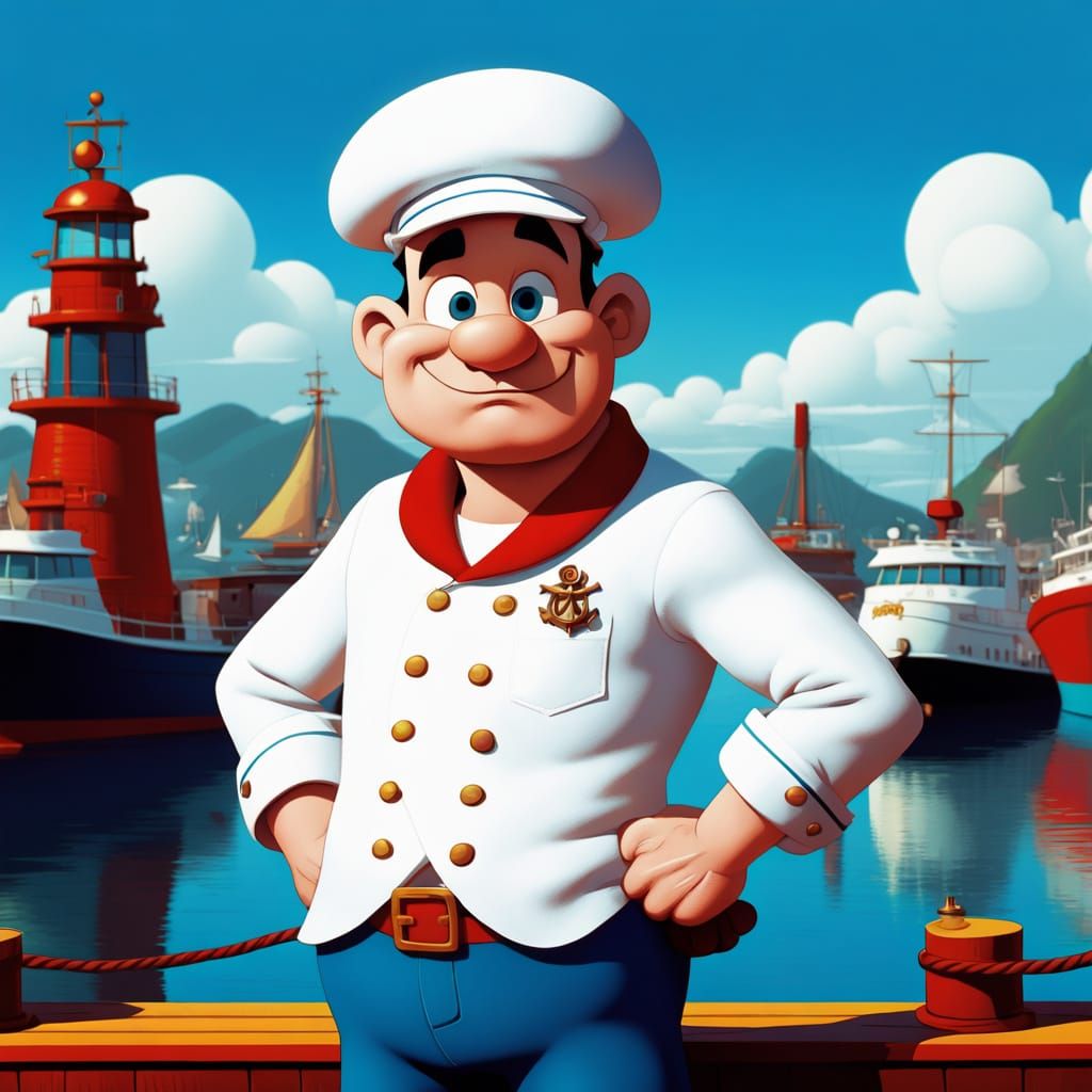 Classic Sailor Hero Popeye Stands Tall on Busy Harbor Dock