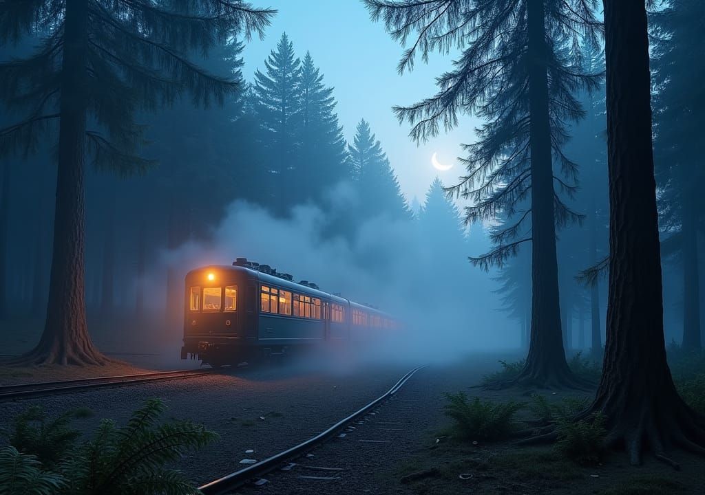 Misty Spruce Forest Train at Dusk: Digital Matte Painting