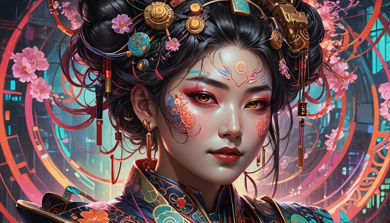 Cyber-Geisha Portrait in a Hyper-Realistic Style