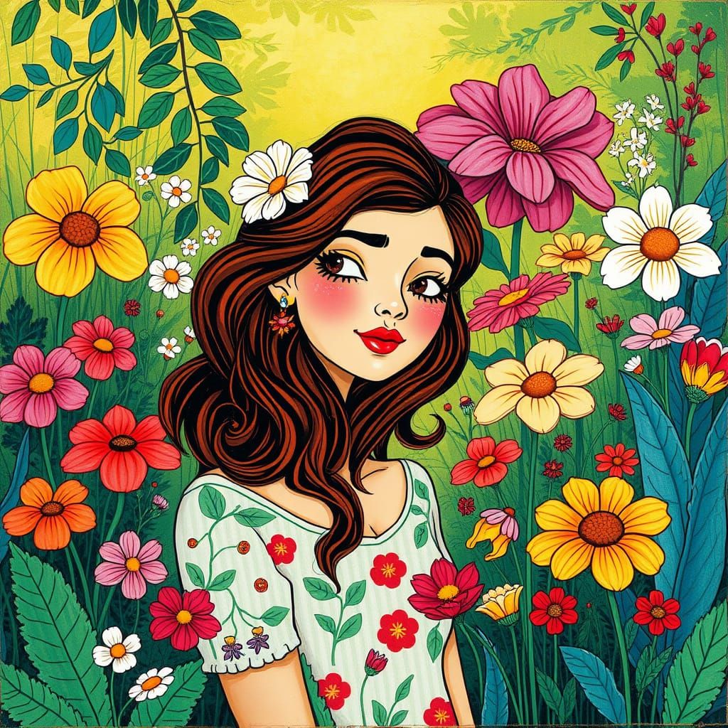 Whimsical Woman in Vibrant Garden: A Stylized Portrait