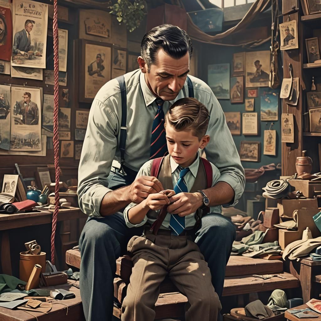 1950s Father Teaches Son to Tie Necktie