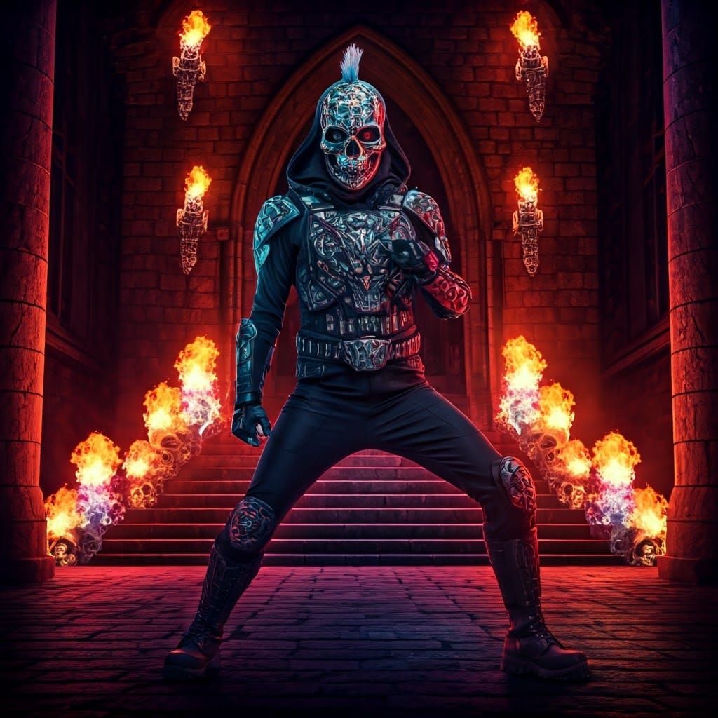 Cyber Goth Rockstar in Iridescent Skull Mask