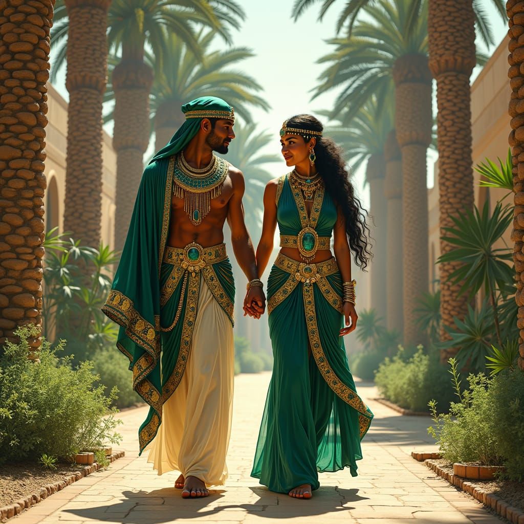 Egyptian Couple Stroll in Oasis: Classical Realism