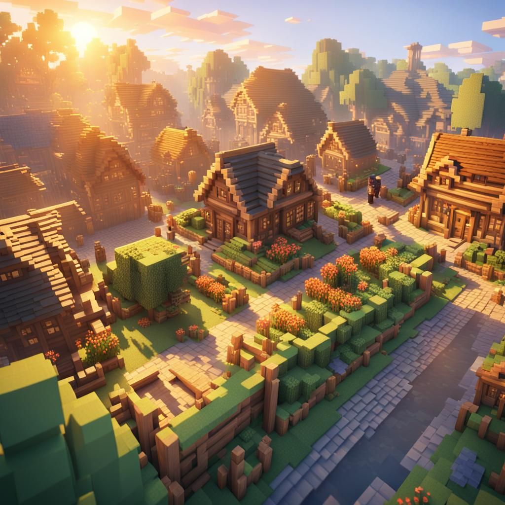 Minecraft Village in Anime Style 3D Art