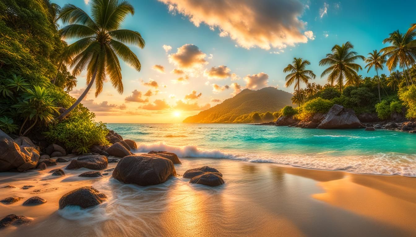 Lush Tropical Beach at Golden Hour