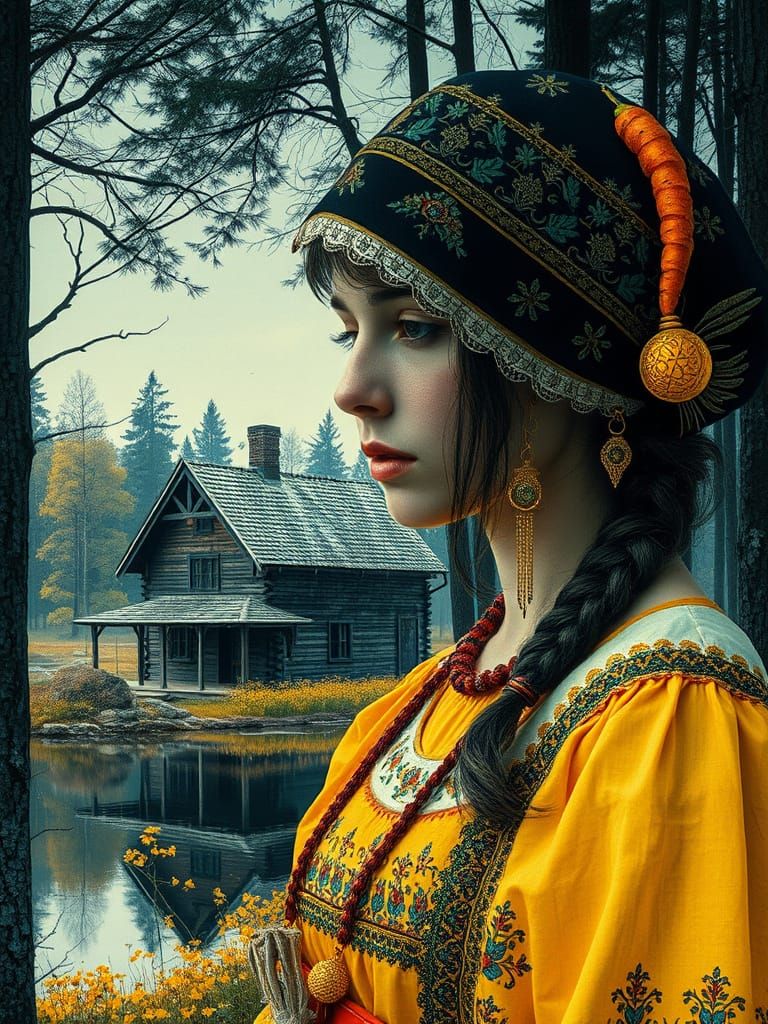 Ethereal Ukrainian Woman in Folk Clothes by a Lake