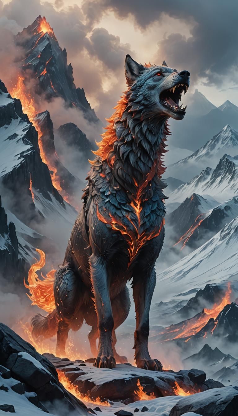 Fiery and Icy Fenrir in a Cinematic Shot
