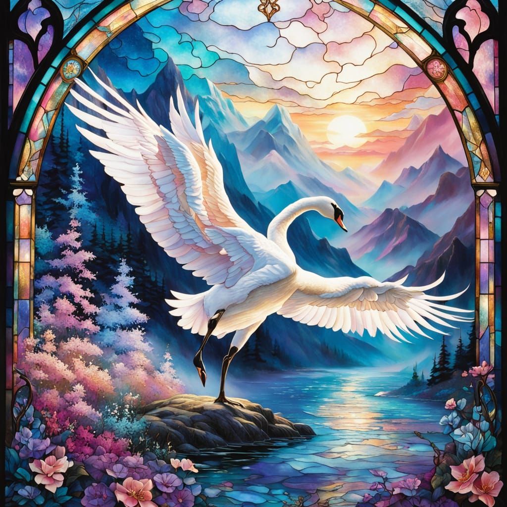 Stained Glass Swan Window in Ethereal Mist