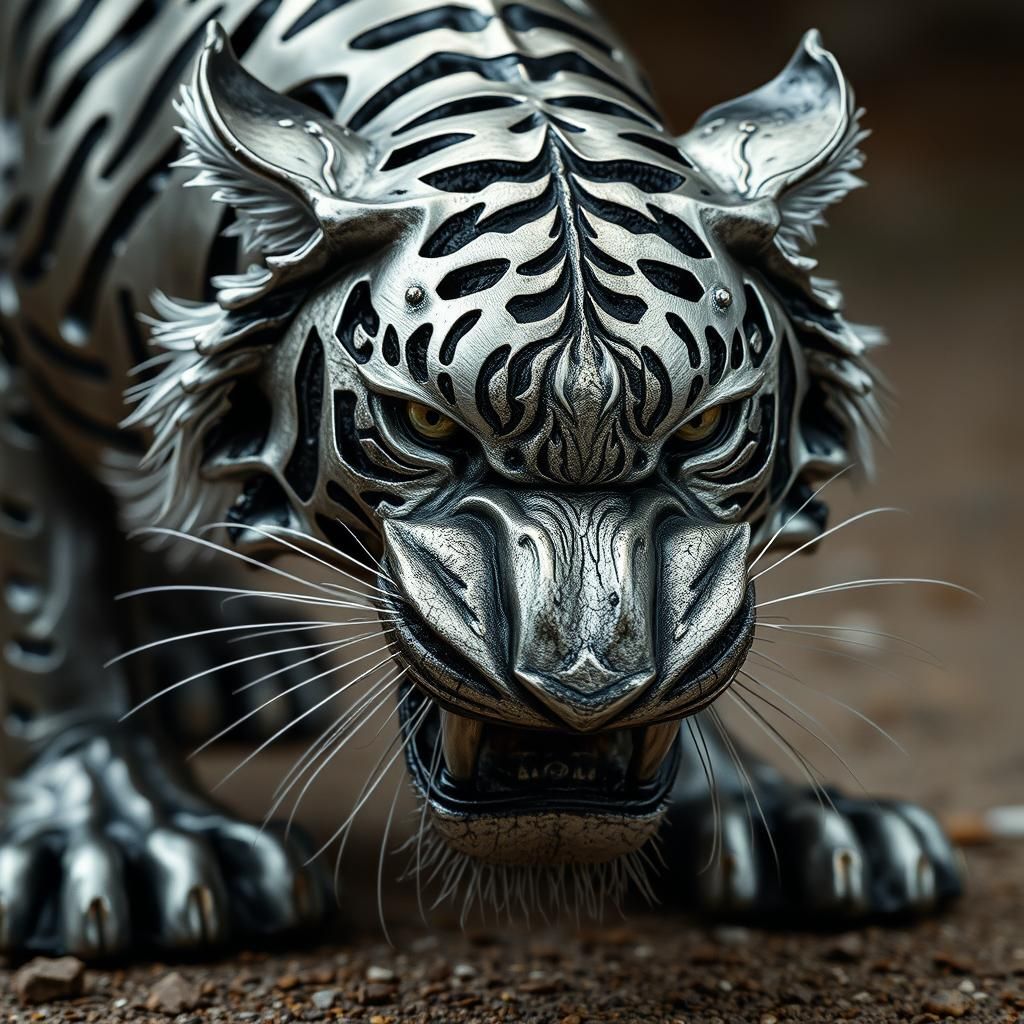 Metallic Tiger: Gleaming Silver and Weathered Iron